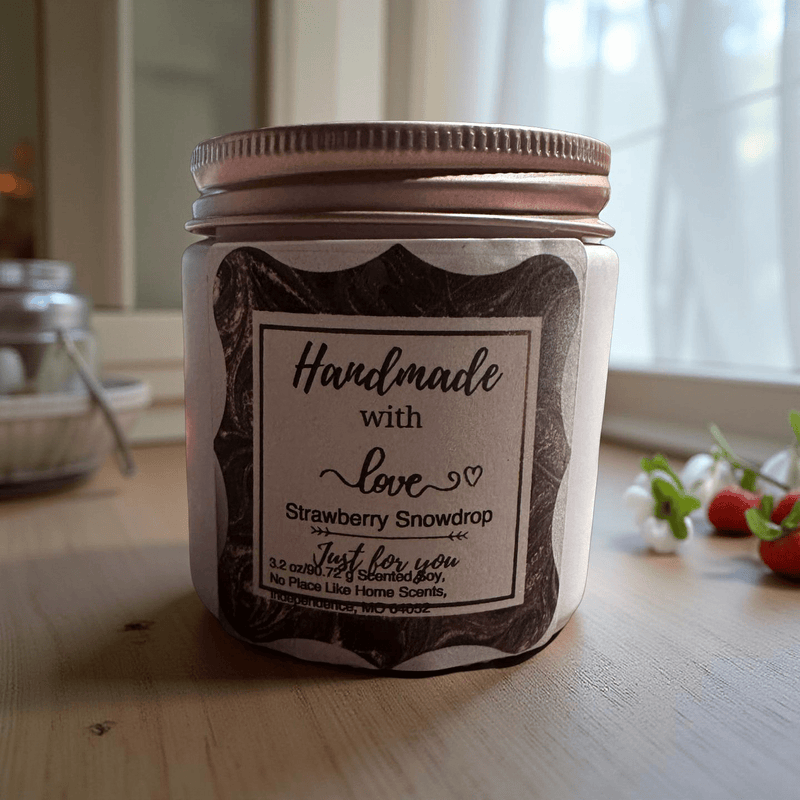 4 oz Wickless White Jar with Gold Lid - Strawberry Snowdrop - No Place Like Home Scents